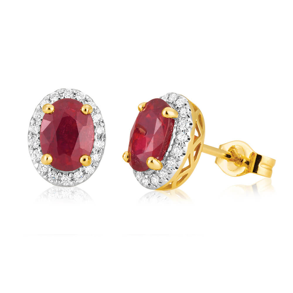 Stunning 9 Carat Yellow Gold Stud Earrings Featuring Natural Enhanced/Treated Ruby and 0.15 Carat Diamonds