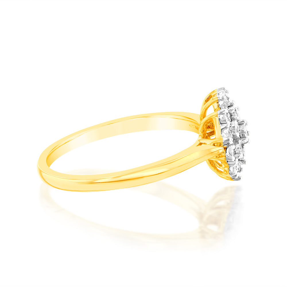 9ct Yellow Gold Ring with Flower Design and 05 Points of Natural Diamonds