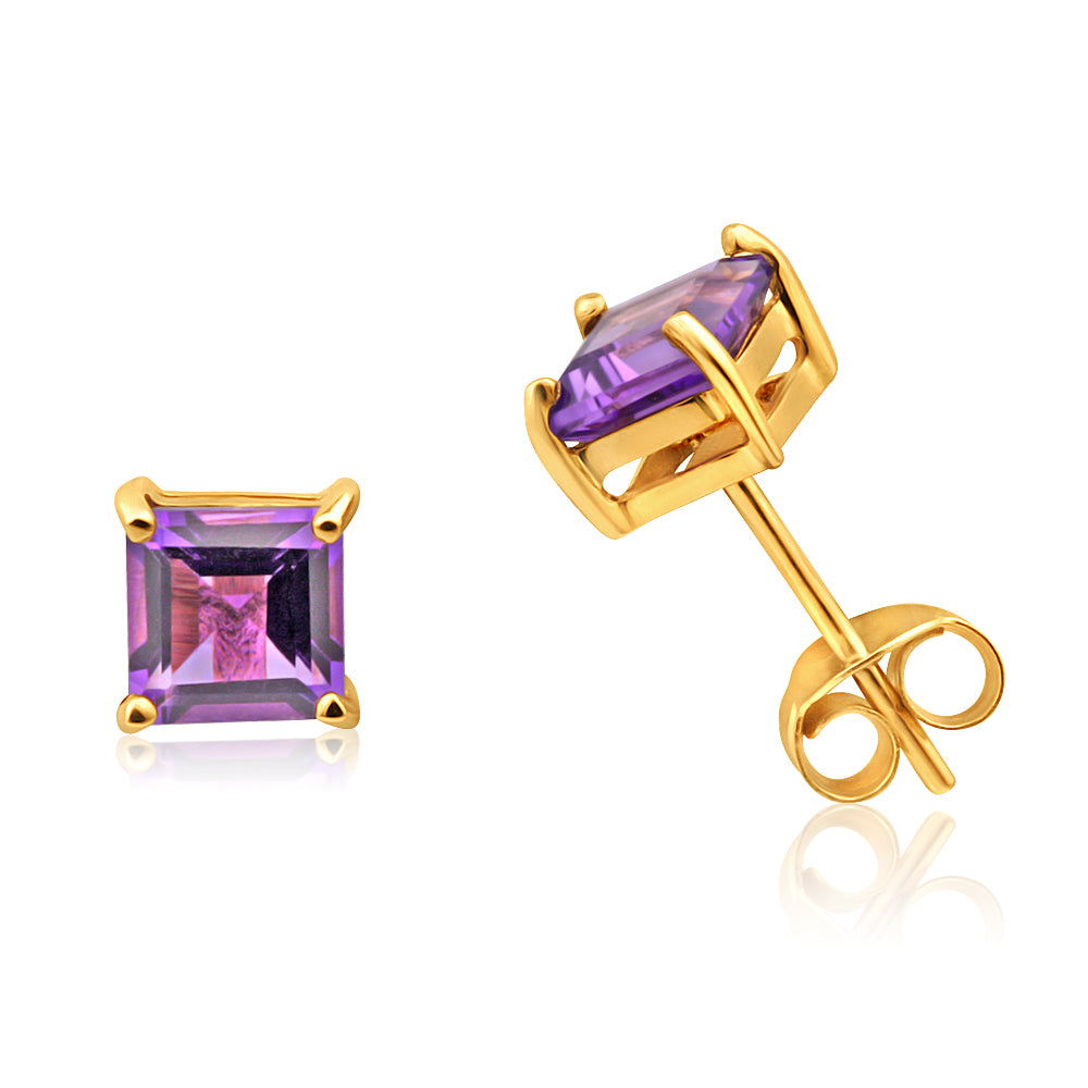 Exquisite 9ct Yellow Gold Stud Earrings with 5mm Princess Cut Amethyst Gemstones