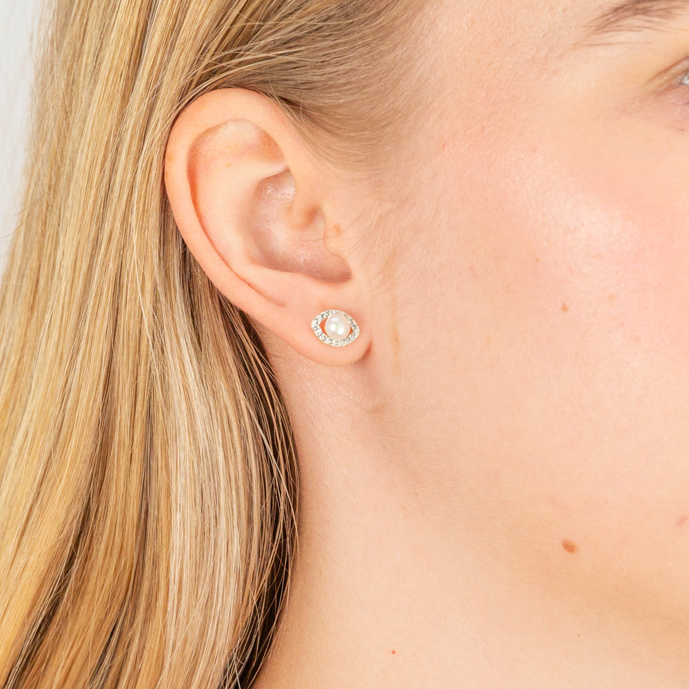 Exquisite 9 Carat Yellow Gold Freshwater Pearl and Crystal Elliptical Stud Earrings for Women