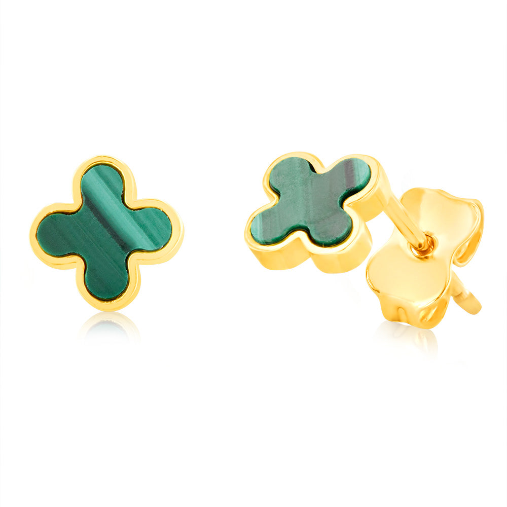 Stylish 9ct Yellow Gold Malachite Petal-shaped Stud Earrings