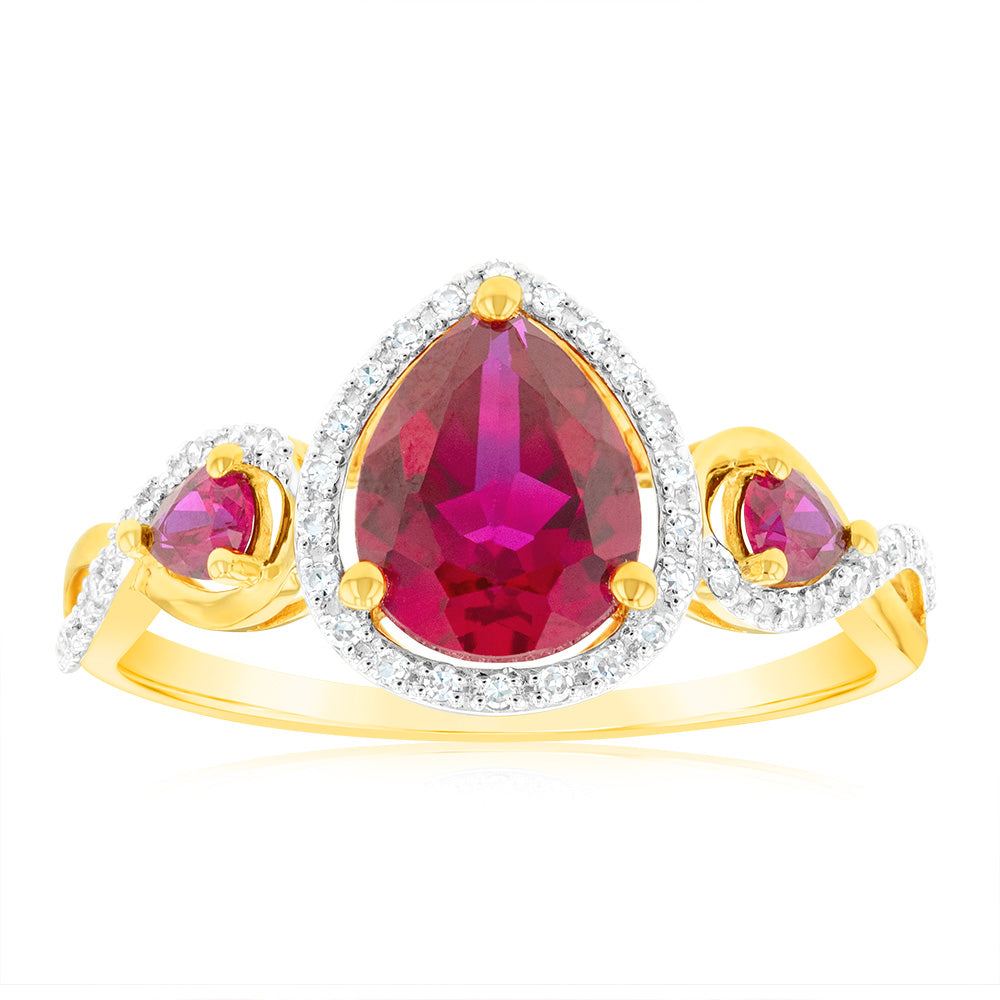 Exquisite 9ct Yellow Gold Ring Featuring Lab - Created Rubies and 1/10 Carat Natural Diamonds