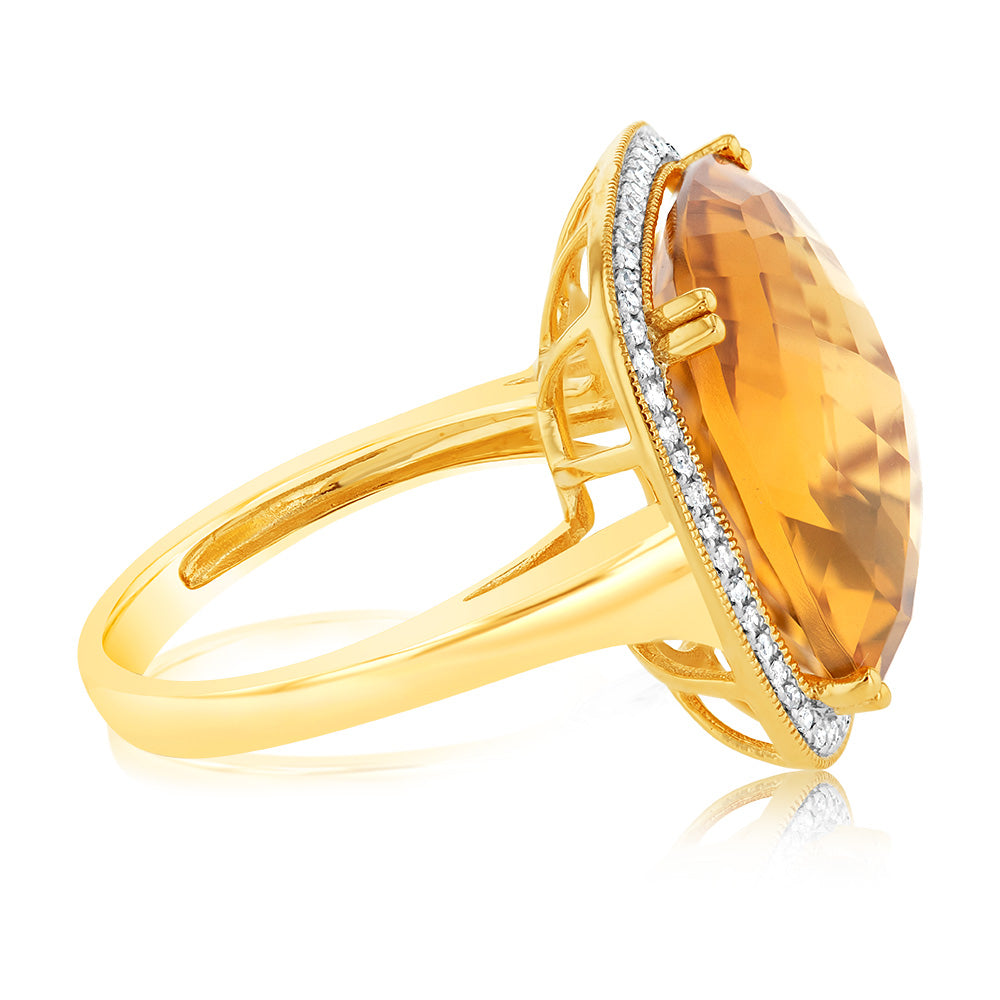 Exquisite 9ct Yellow Gold Ring Featuring Natural Citrine and Sparkling Diamonds