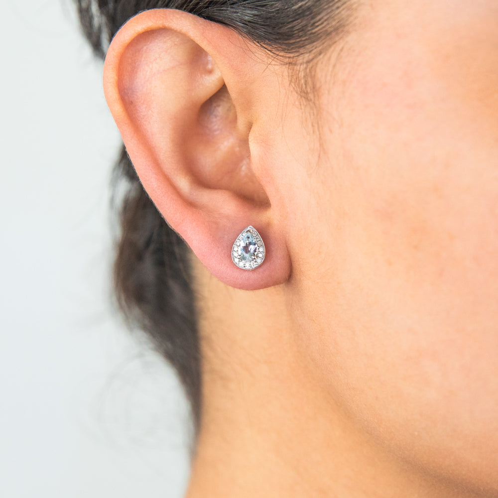 9ct White Gold 1/3ct Aquamarine and 0.15ct Diamond Pear - Shaped Halo Stud Earrings for a Stunning Look