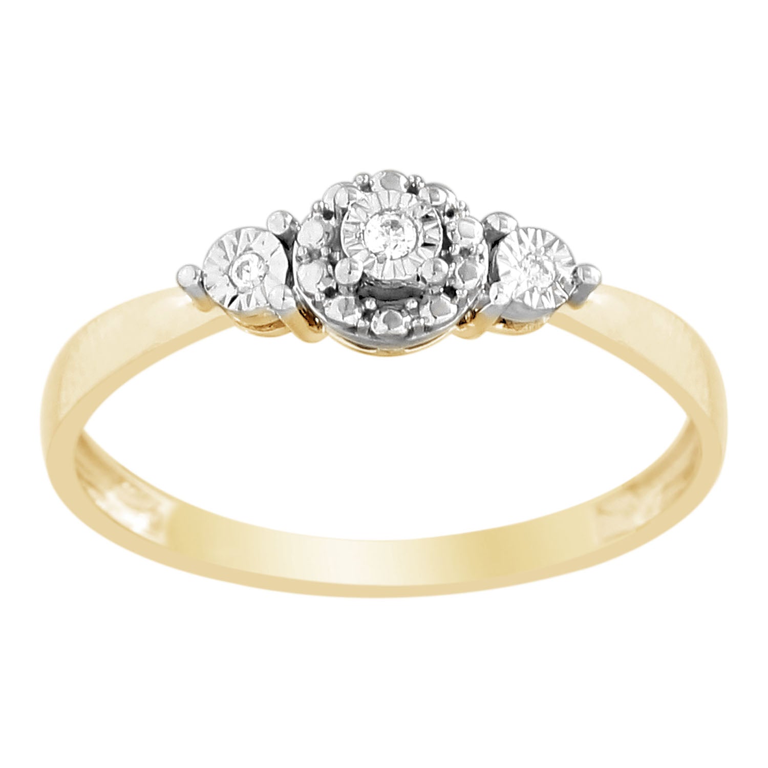 9 Carat Yellow Gold Diamond Trilogy Engagement Ring Featuring 3 Sparkling Brilliant Diamonds in a Disc Setting