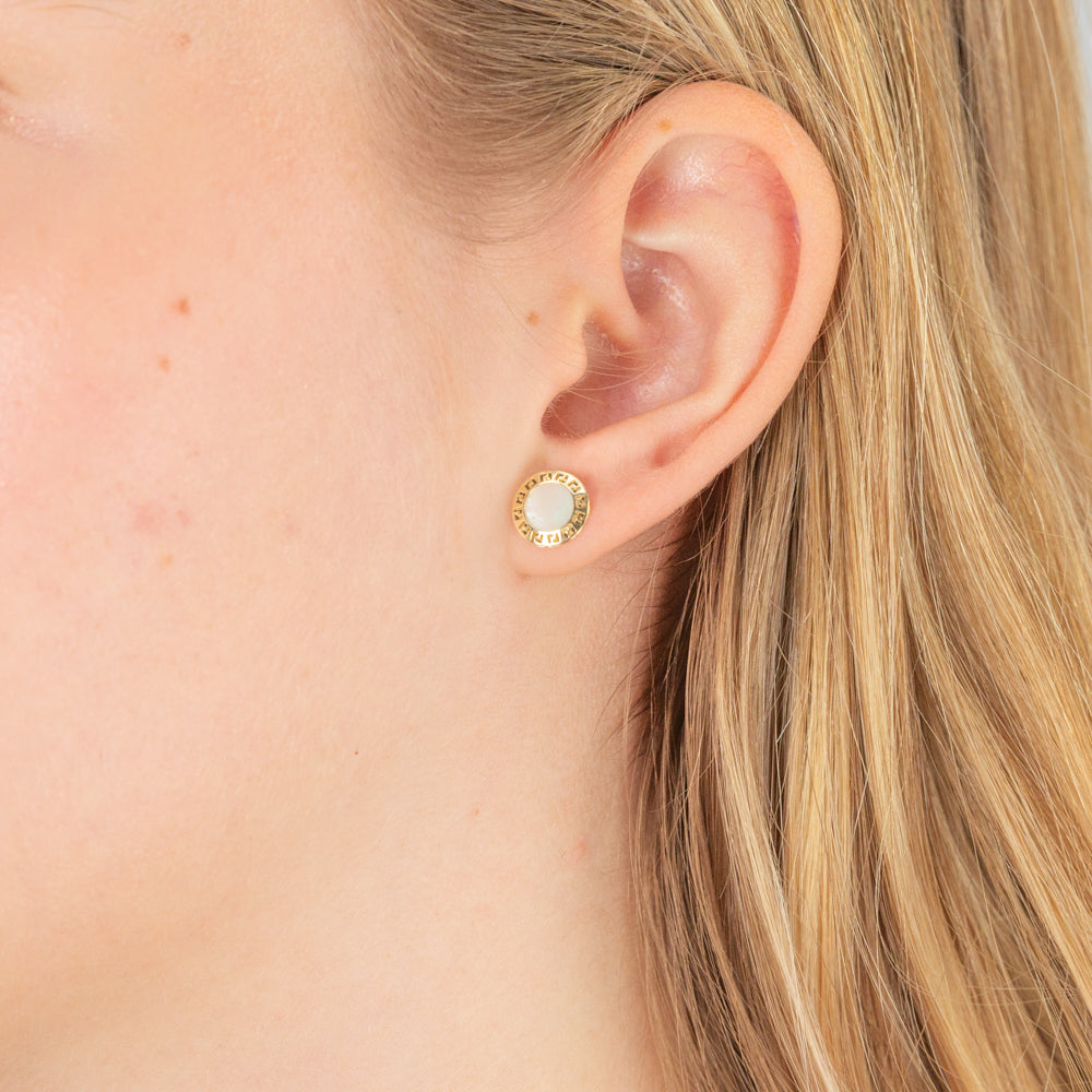 9ct Yellow Gold Stud Earrings with Mother of Pearl Greek Key Disc Design