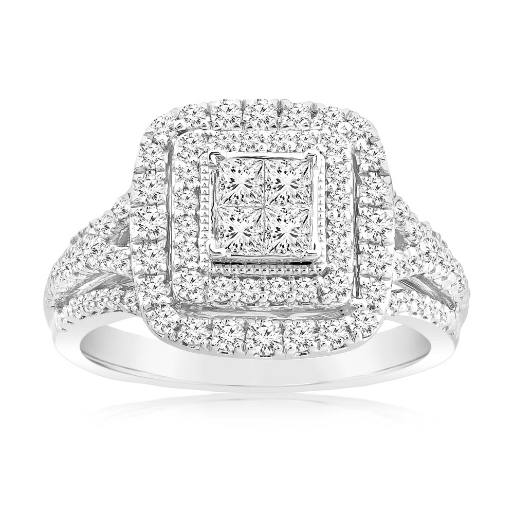 Exquisite 0.95 Carat Diamond Cushion Cluster Ring in 14ct White Gold