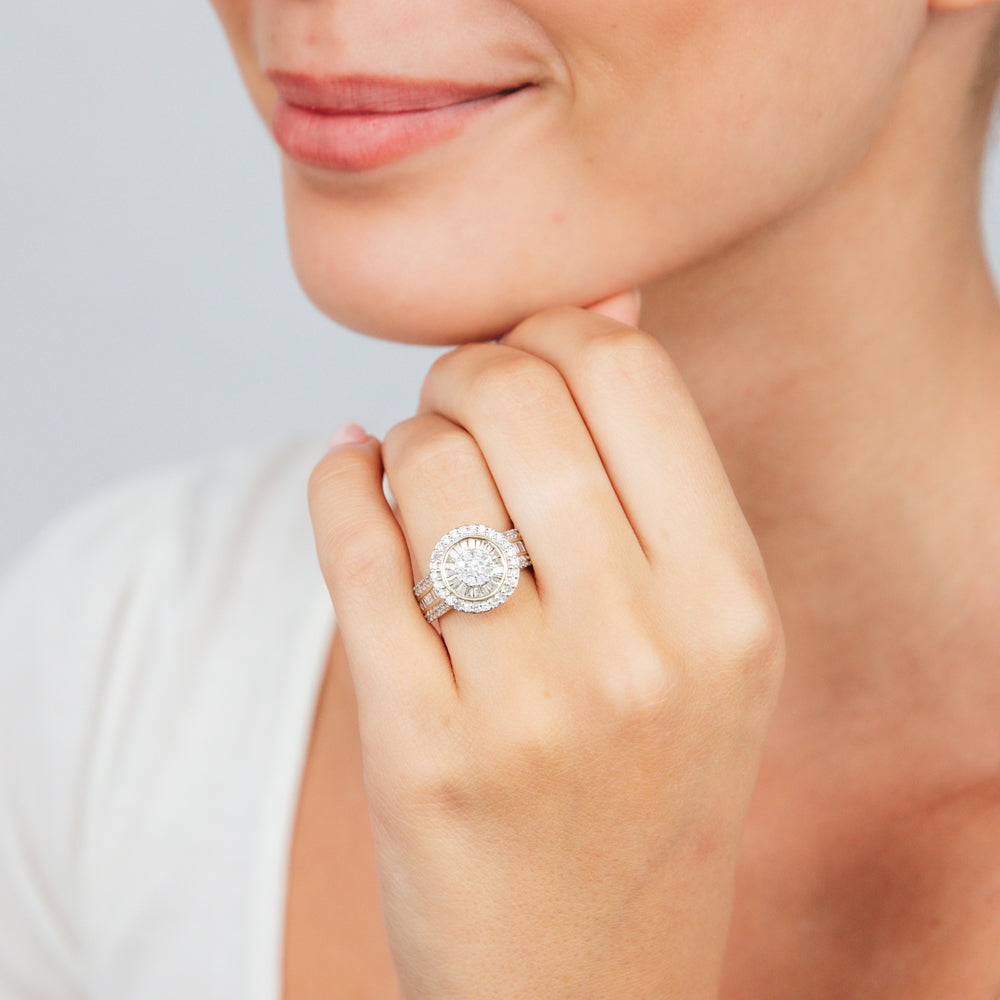Exquisite 1 Carat Diamond Cluster Engagement Ring Featuring Round Brilliant and Baguette Diamonds Set in 9ct Yellow Gold