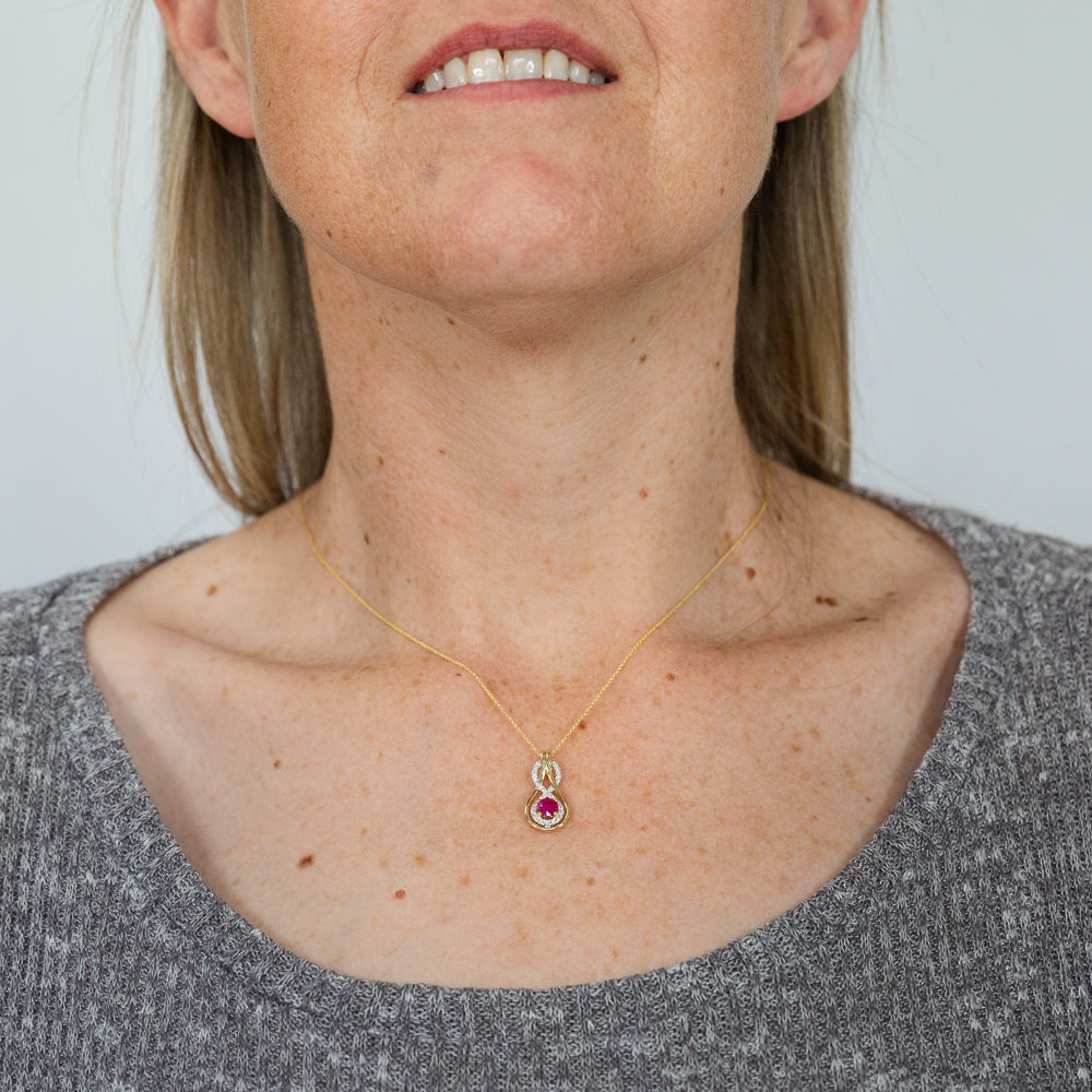 9ct Yellow Gold 5mm Natural Ruby and 0.22ct Diamond Infinity Pendant with 45cm Chain