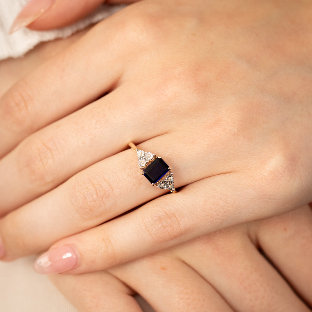 7mm 9ct Yellow Gold Ring with Created Sapphire and Diamonds