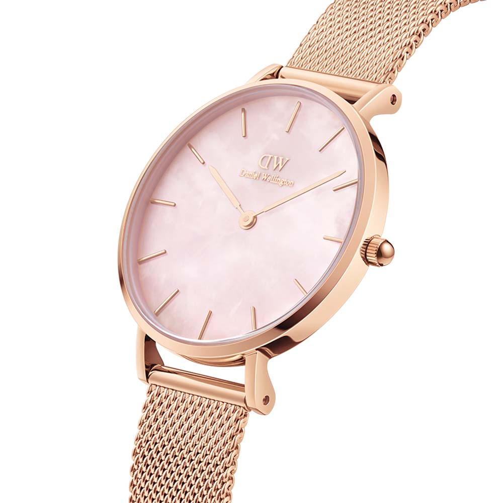 Daniel Wellington Quadro DW00100516 Women's Mother of Pearl Elegant Analog Watch with Gold-Plated Stainless Steel Mesh Bracelet