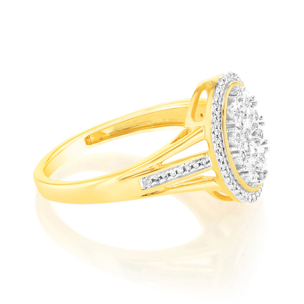 Exquisite 9ct Yellow Gold Engagement Ring Featuring 1/10 Carat of Diamonds Set with 64 Round Brilliant Cut Stones