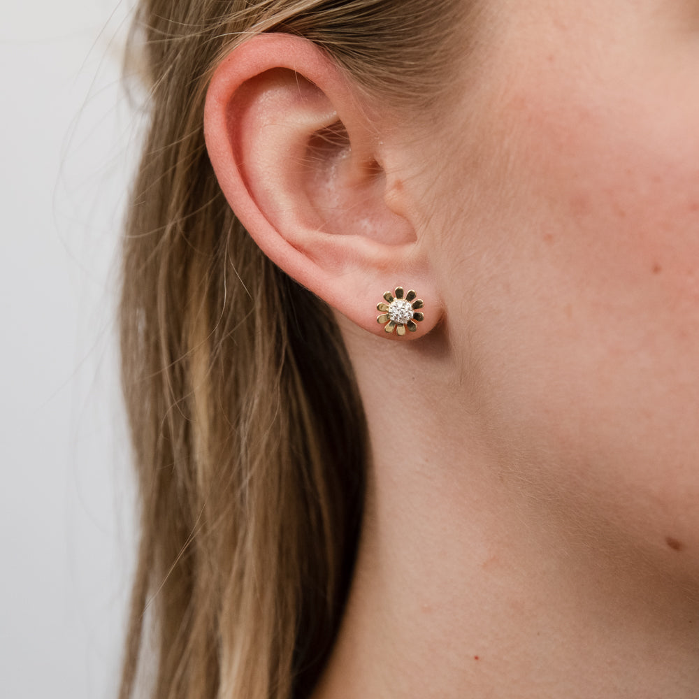 9 Carat Two Tone Yellow And White Gold Sunflower Design Cubic Zirconia Stud Earrings for Women
