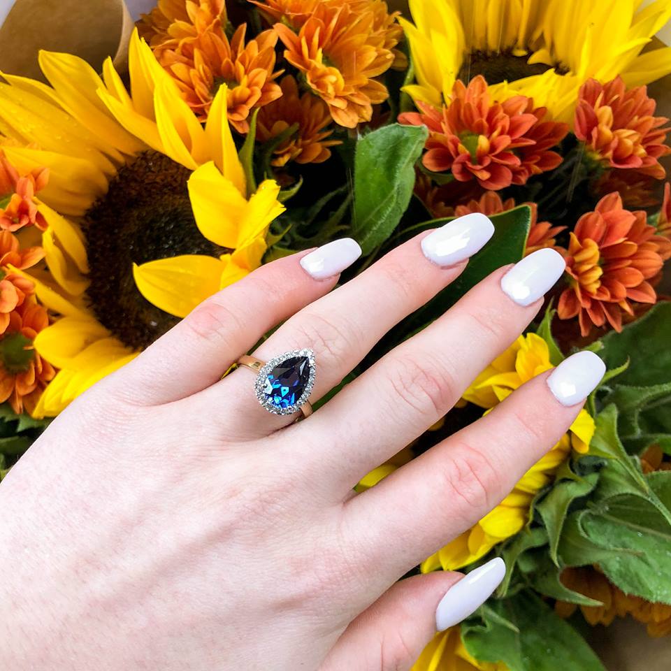 9ct Yellow Gold Ring with Pear - shaped Created Sapphire and Cubic Zirconia Halo