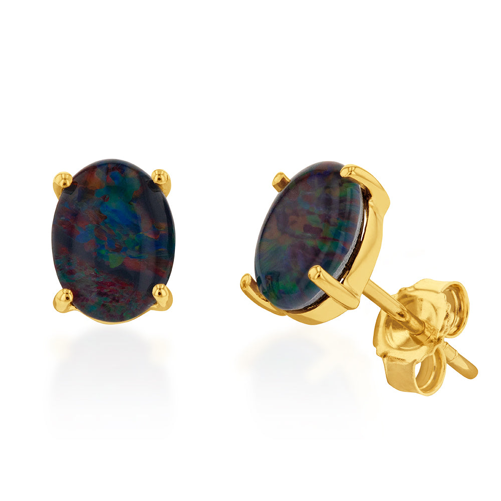 Stunning 9 Carat Yellow Gold Stud Earrings with 8x6mm Triplet Opal Gemstones
