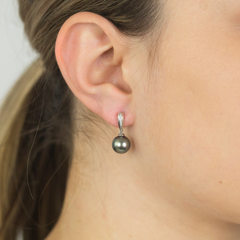 9ct White Gold Tahitian Black Pearl and Diamond Dangle Earrings - A Stunning Jewelry Piece