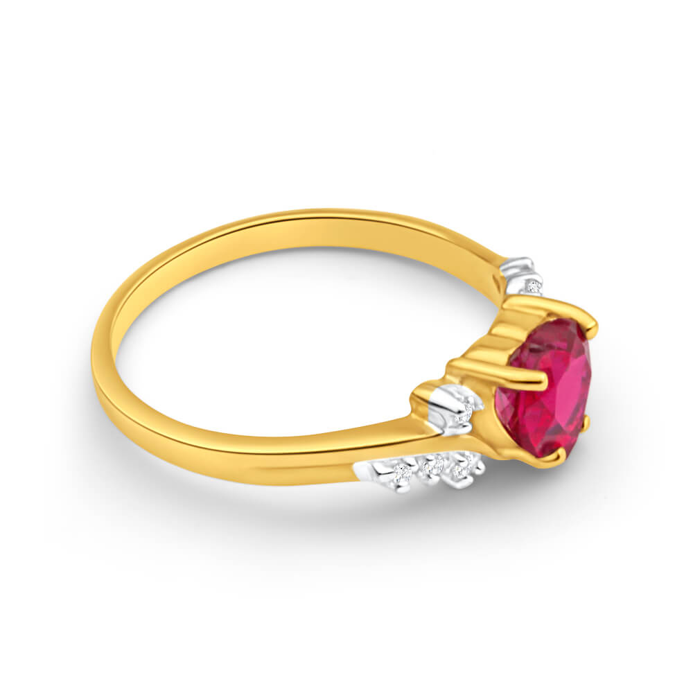 9ct Yellow Gold Ring with Created Ruby Heart and Sparkling Diamonds