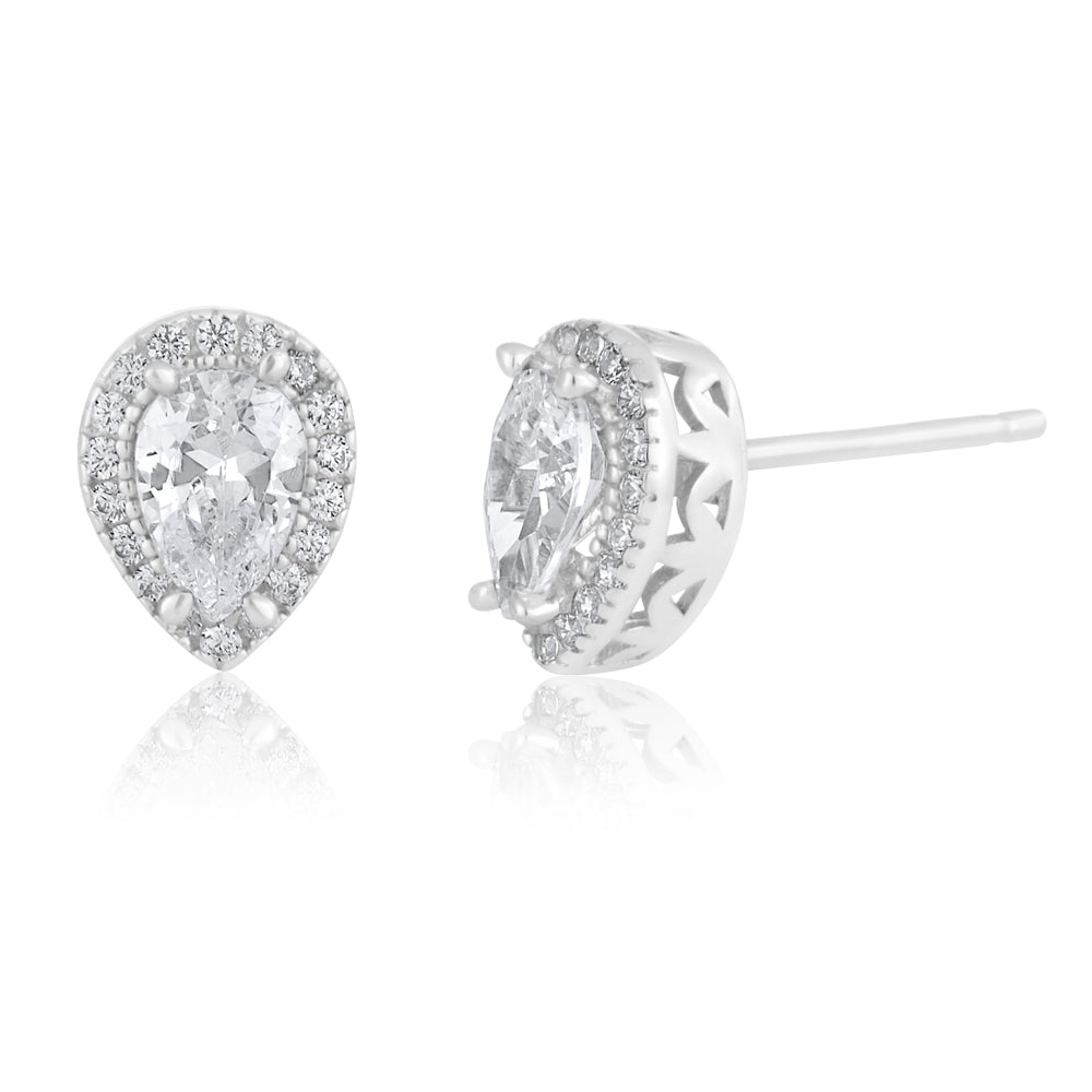 Gorgeous 9ct White Gold Pear - Shaped Cubic Zirconia Halo Stud Earrings