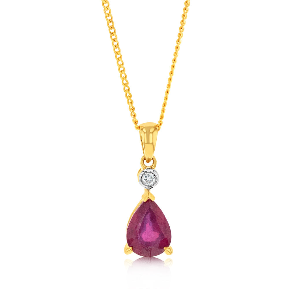 1.50ct Natural Enhanced Ruby and Diamond Pendant in 9ct Yellow Gold on 45cm 9ct Chain