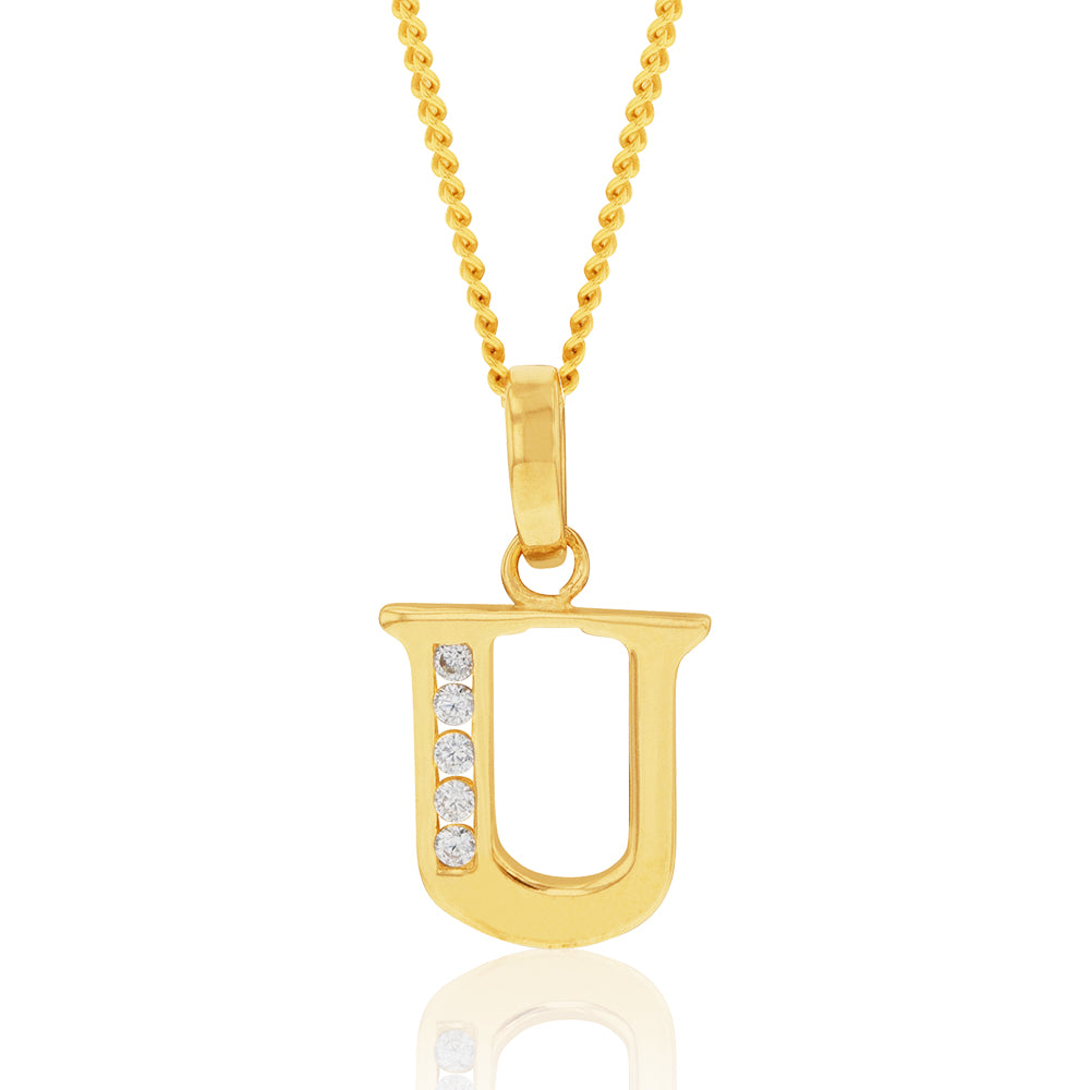 Unisex 9ct Yellow Gold Zirconia-Embellished Initial U Pendant