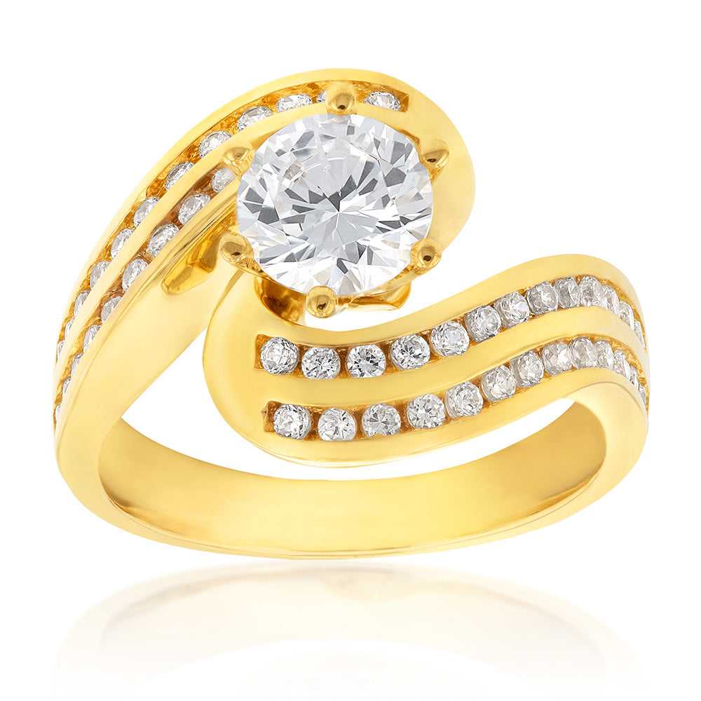 Stunning 9 Carat Yellow Gold Two - Row Cubic Zirconia Twisted Solitaire Engagement - Style Ring
