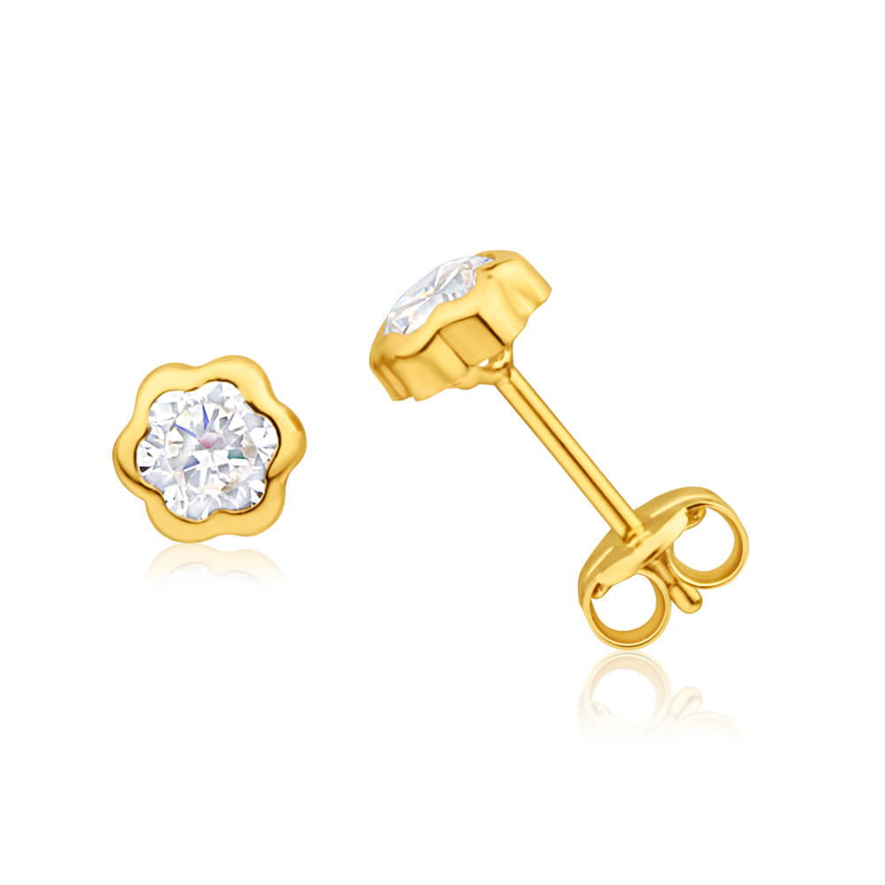 9ct Yellow Gold 4mm Flower - Shaped Bezel - Set Sparkling Cubic Zirconia Stud Earrings