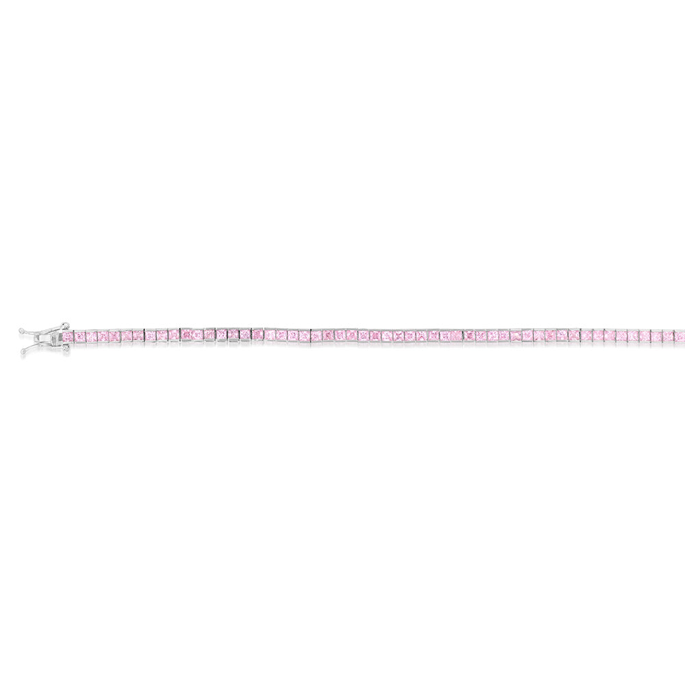 19cm 9ct White Gold 2mm Square Pink Cubic Zirconia Sparkling Tennis Bracelet