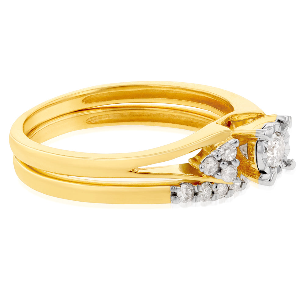 Exquisite 9ct Yellow Gold 1/4 Carat Diamond Bridal Ring Ensemble