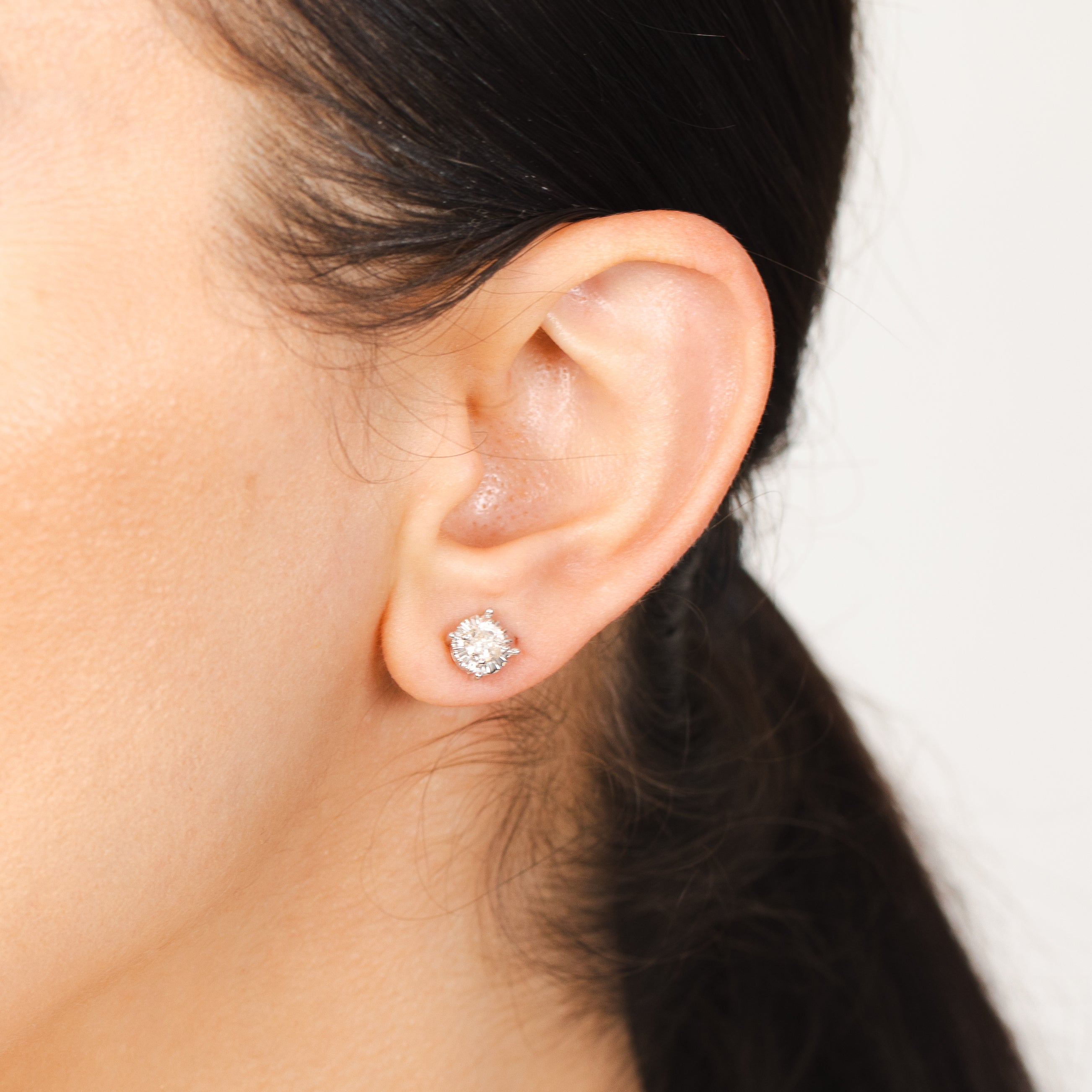 9ct White Gold Three - Quarter Carat Diamond Solitaire Stud Earrings with Disc - Style Setting
