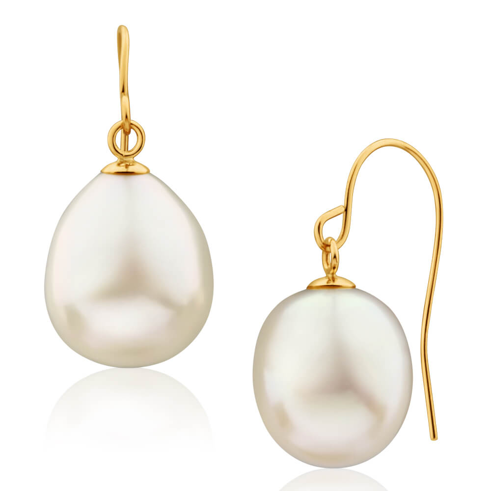 Arizona's 9-Carat Yellow Gold Elegant White Freshwater Pearl Drop Earrings for Daily Wear