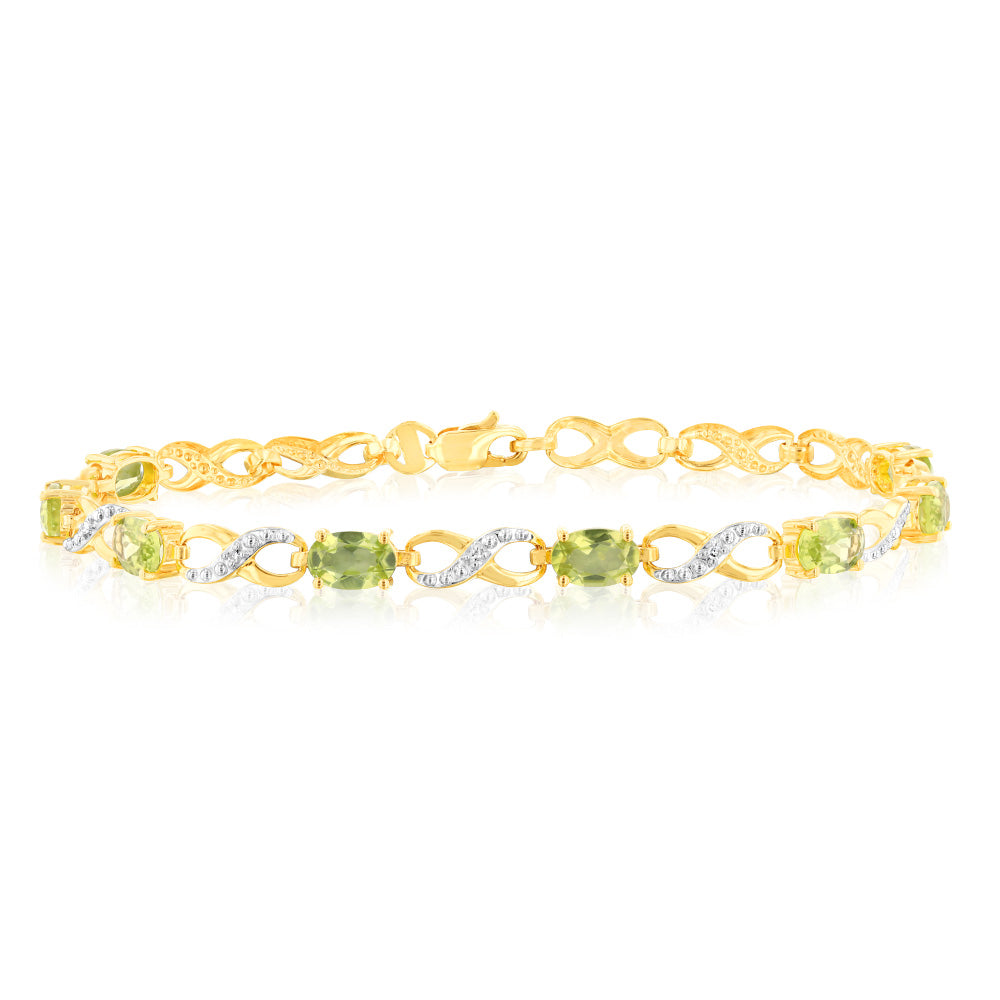 Stunning 9ct Yellow Gold Natural Peridot and Diamond Infinity Style Bracelet for Jewelry Lovers