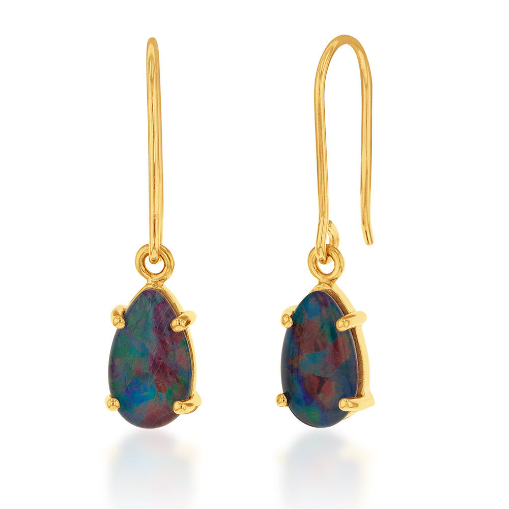 Stunning 9 - carat Yellow Gold 10x7mm Triplet Opal Hook - style Drop Earrings for Women