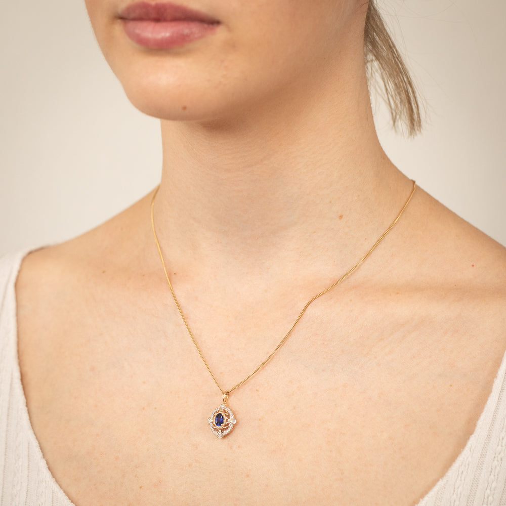 Stunning 9ct Yellow Gold Oval-Shaped Lab-Created Sapphire and Real Diamond Pendant for Jewelry Lovers