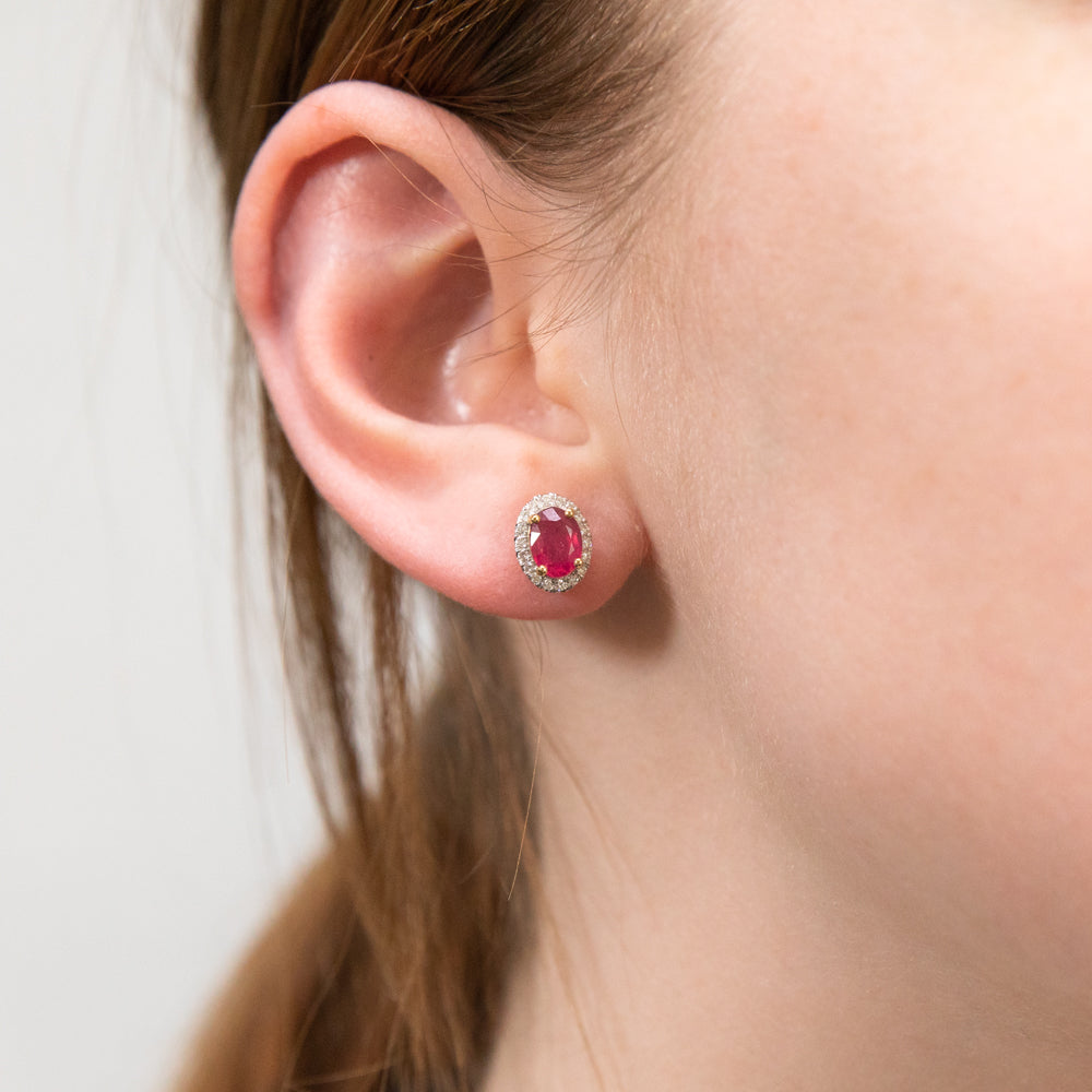 Stunning 9 Carat Yellow Gold Stud Earrings Featuring Natural Enhanced/Treated Ruby and 0.15 Carat Diamonds