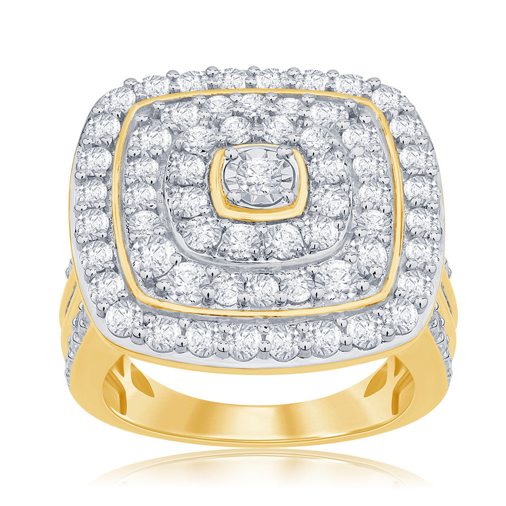 Stunning 9 Carat Yellow Gold 3 Carat Diamond Cushion Cluster Engagement Ring Adorned with Brilliant Diamonds