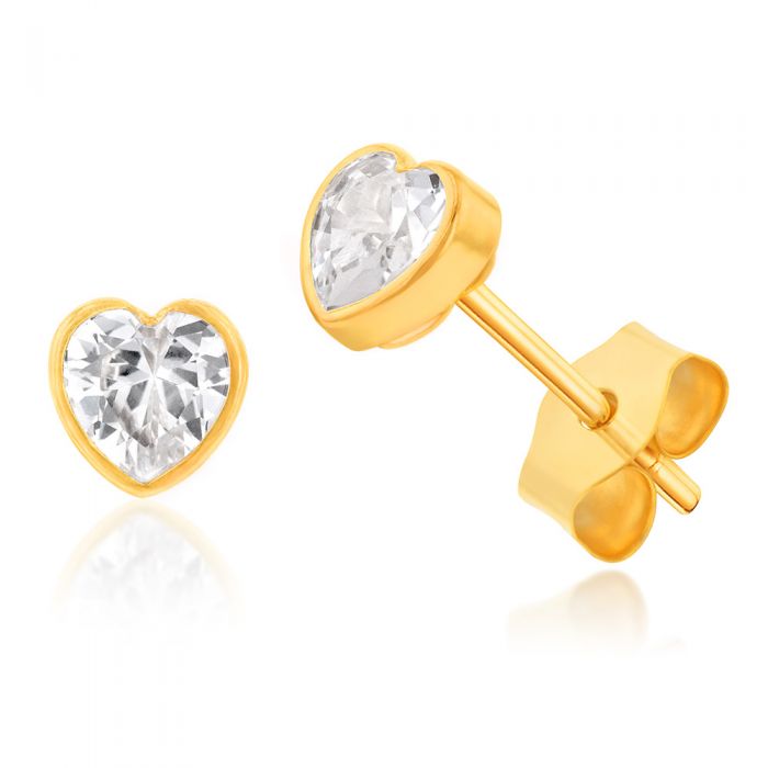 9ct Yellow Gold Bezel-Set Heart-Shaped Cubic Zirconia Stud Earrings for a Sweet Love Gesture