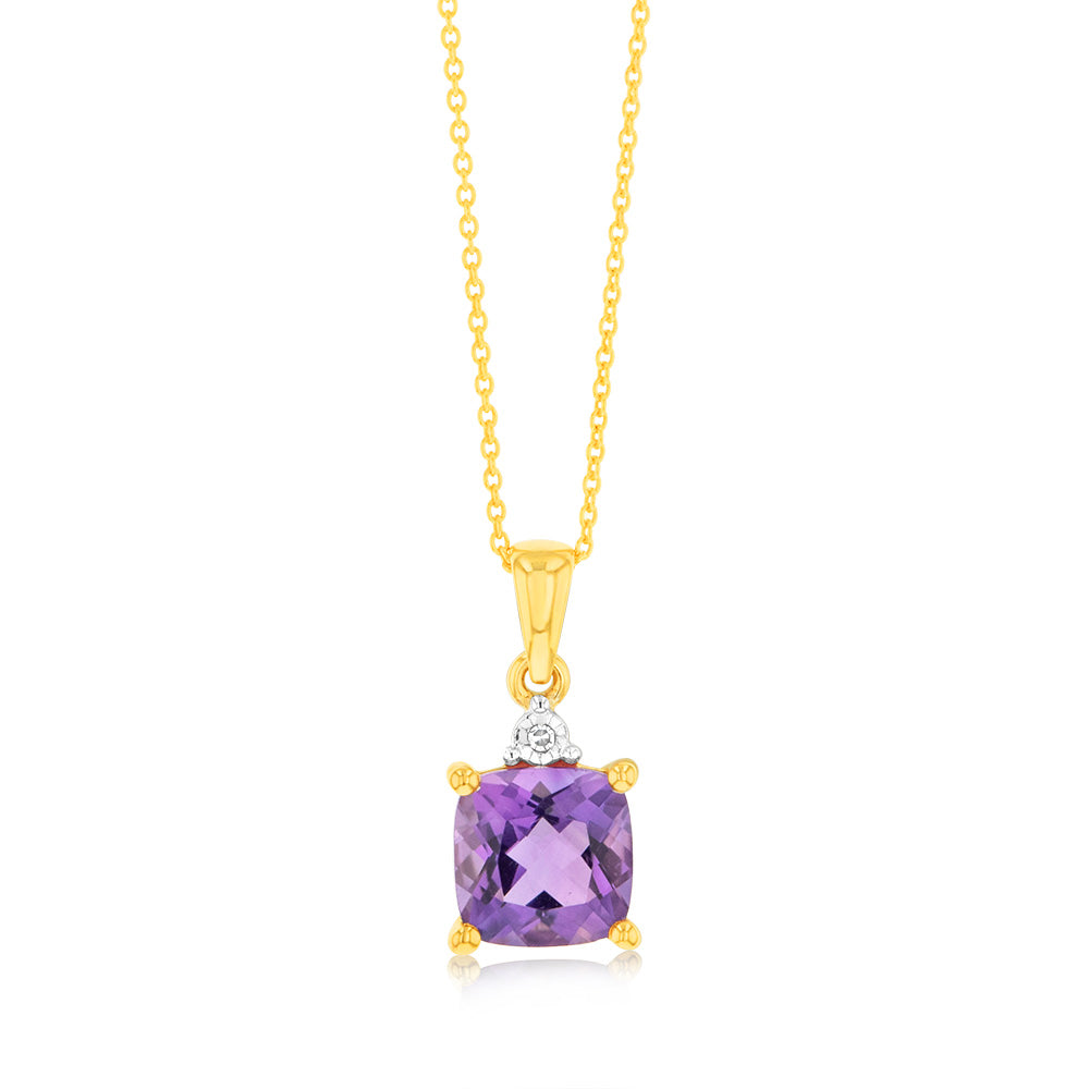 Stunning 9ct Yellow Gold Pendant with 1.4ct Amethyst and Diamonds