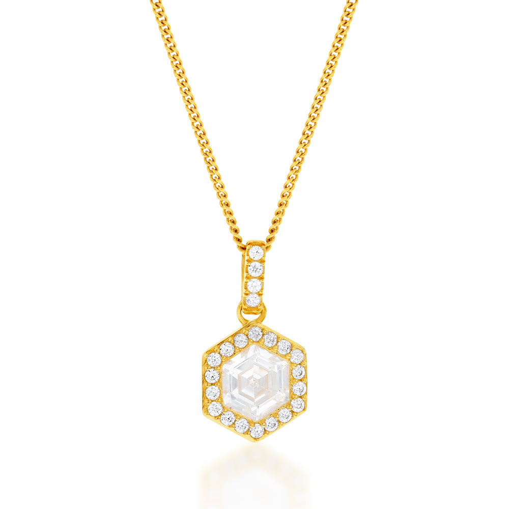 Stunning 9-Carat Yellow Gold Hexagonal Cubic Zirconia Halo Jewelry Pendant