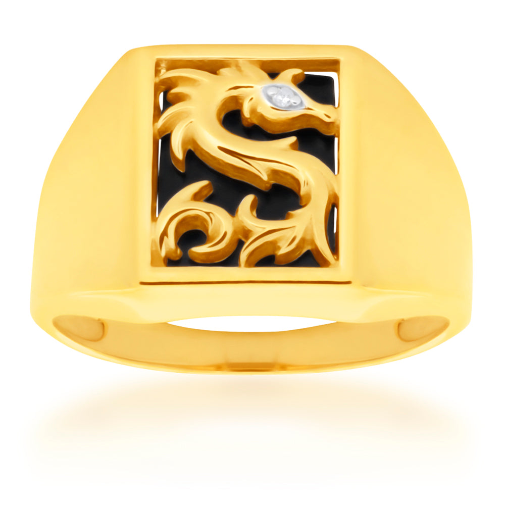 Exquisite 9ct Yellow Gold Onyx and Diamond Dragon-themed Ring for Gentlemen