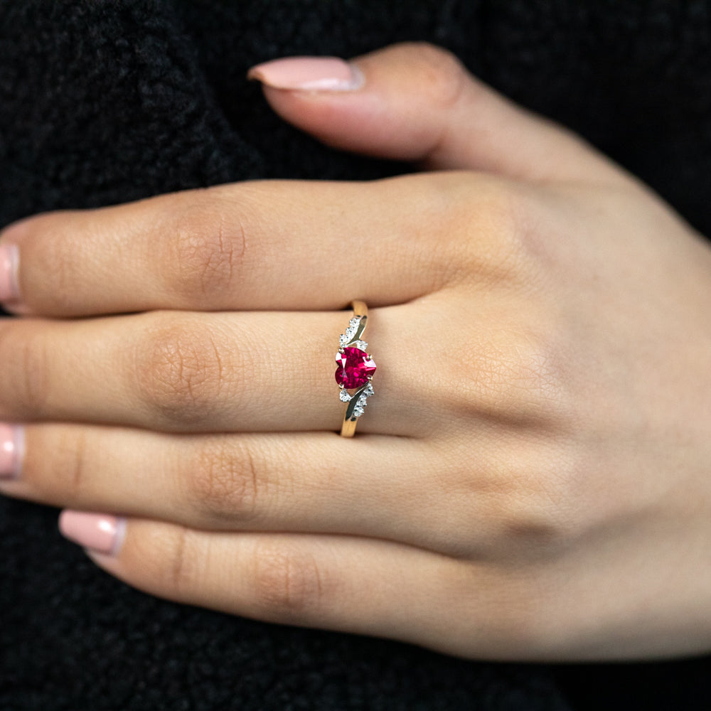 9ct Yellow Gold Ring with Created Ruby Heart and Sparkling Diamonds