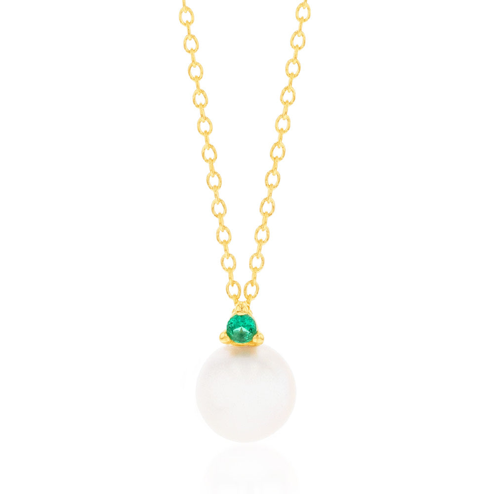 Stylish 9ct Yellow Gold Pendant with Green Cubic Zirconia and Pearl on 45cm Adjustable Chain