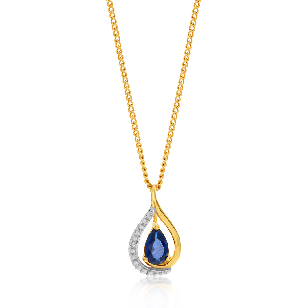 Exquisite 9ct Yellow Gold Pendant with Created Sapphires and Diamonds