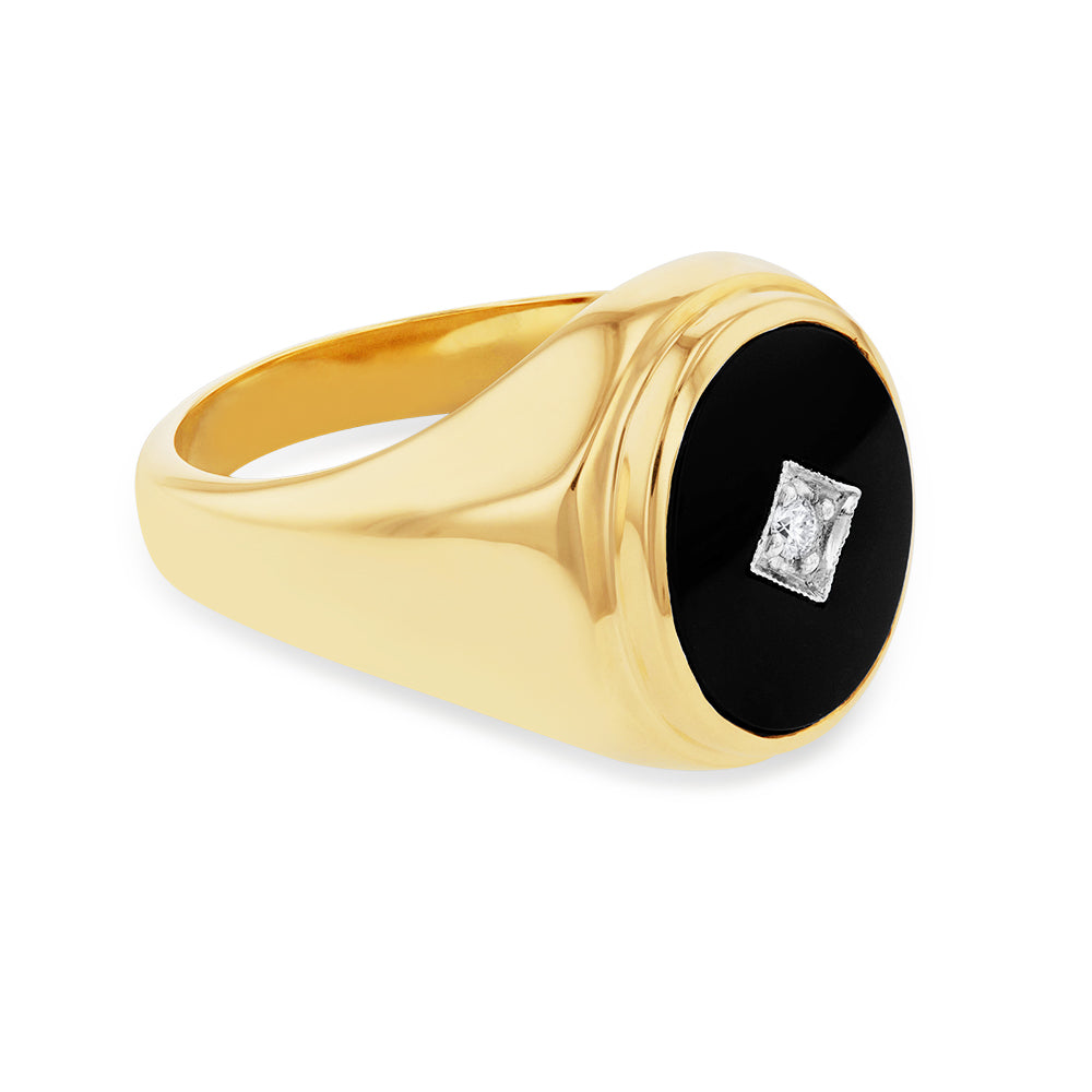 Men's 9-carat Yellow Gold Ring Embellished with Black Onyx and Diamonds