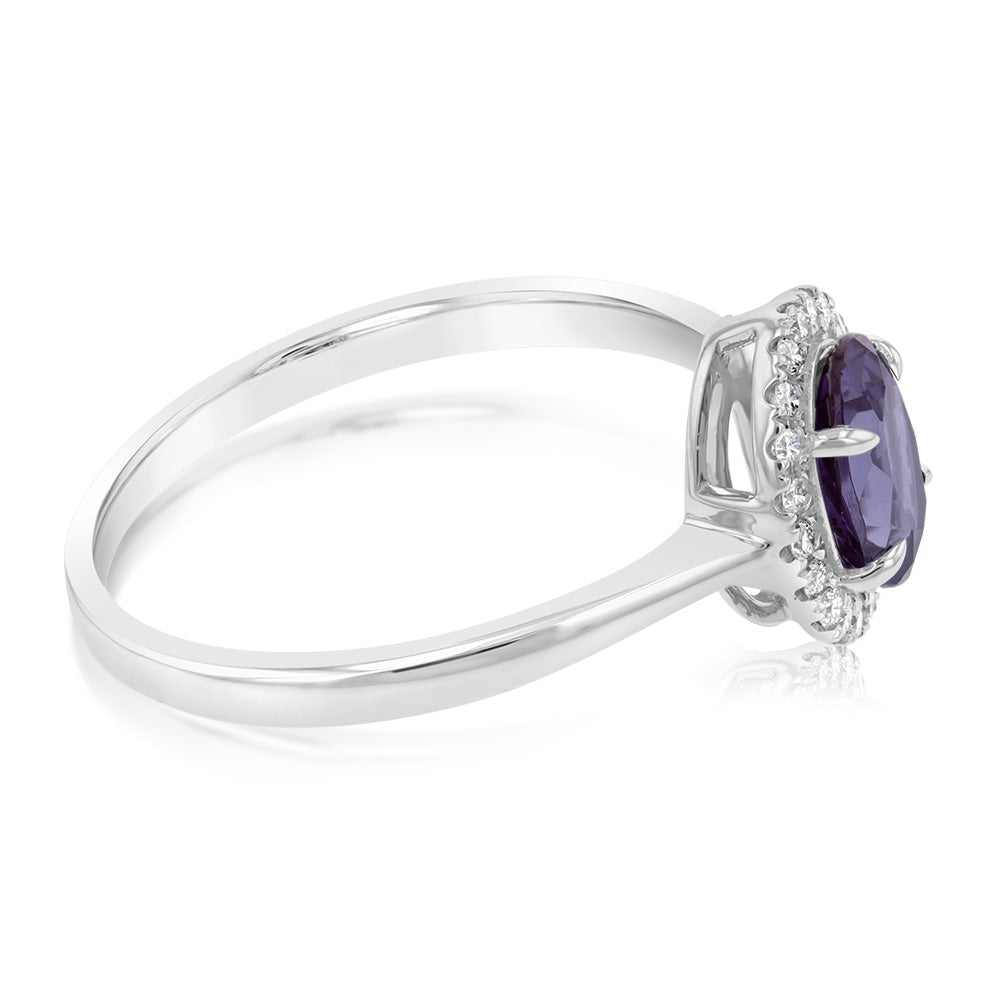Exquisite 9ct White Gold Ring Featuring Created Oval Alexandrite and Diamonds