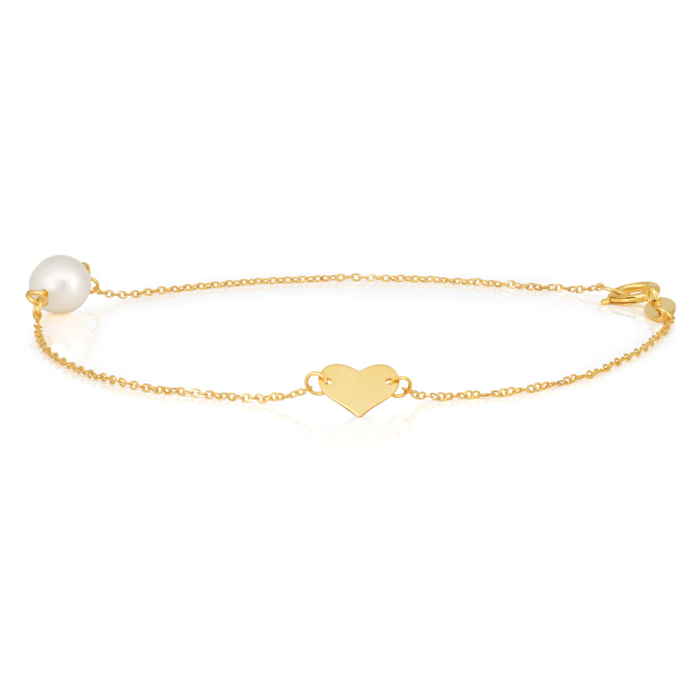 Exquisite 9ct Yellow Gold Bracelet with Pearl and Gold Heart Charm