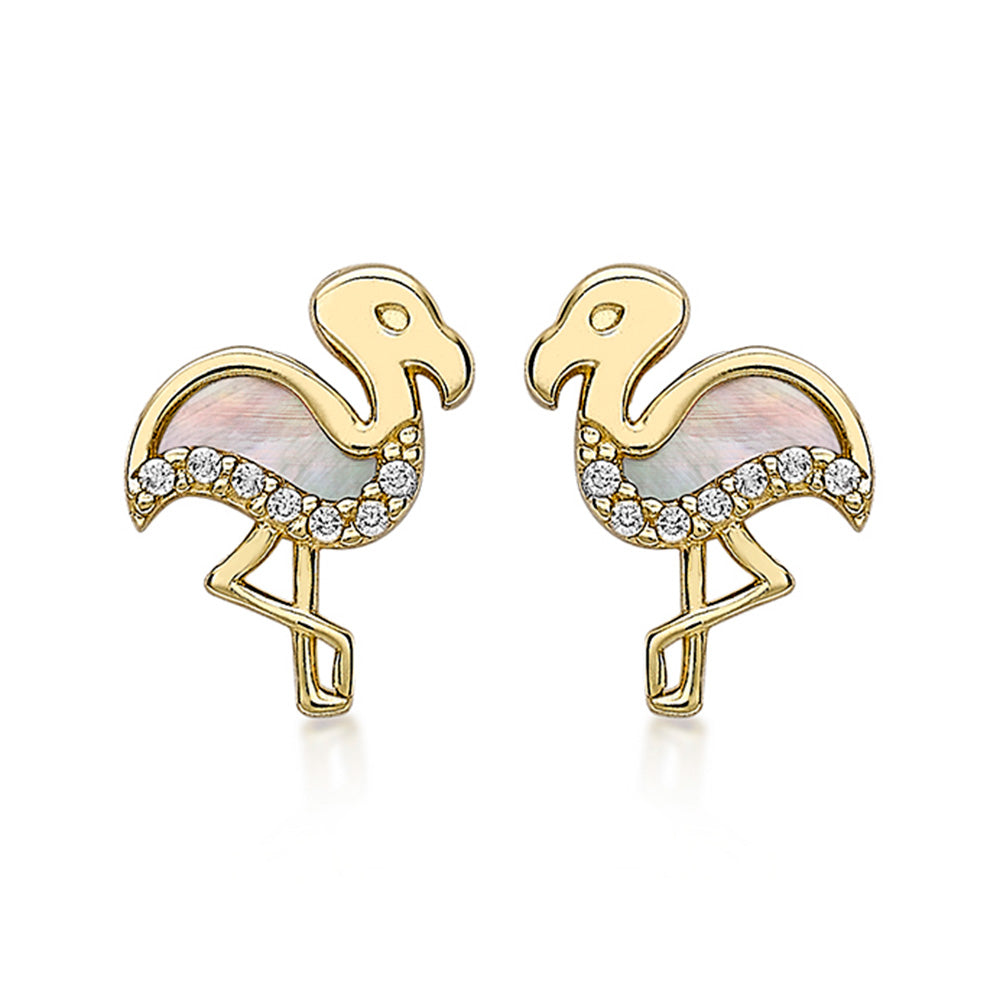 Luxurious 9ct Yellow Gold Flamingo Studs with Mother of Pearl