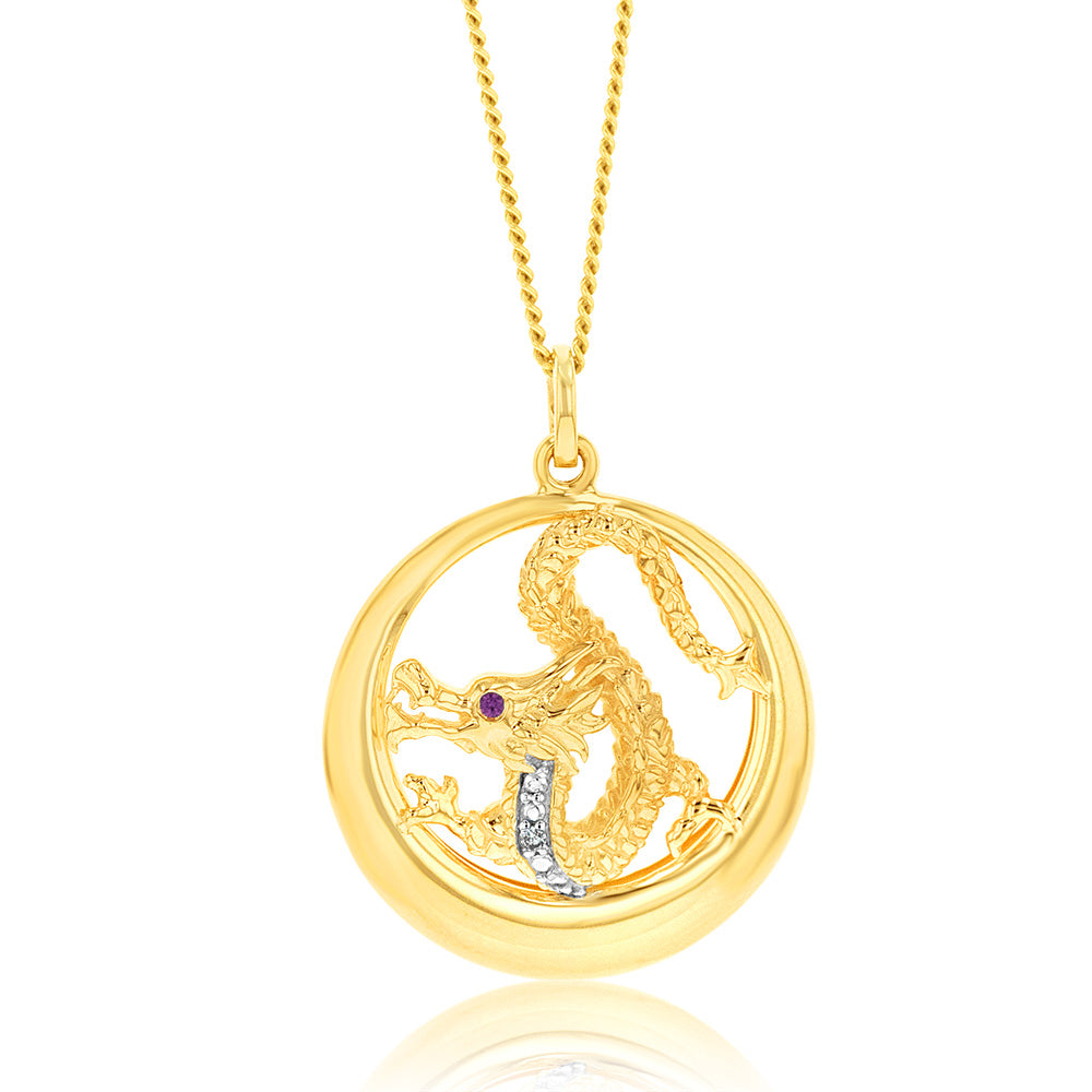 Exquisite 9ct Yellow and White Gold Dragon Pendant Embellished with Created Rubies and Diamonds