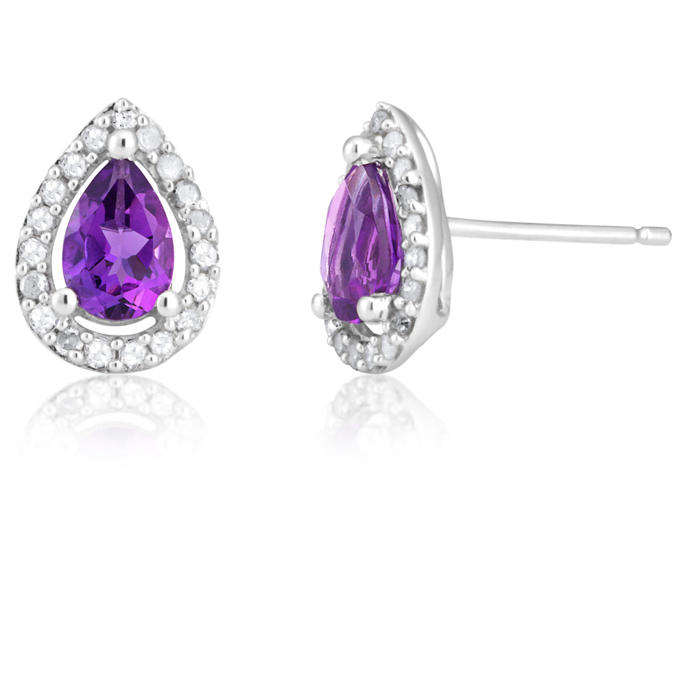 Exquisite 9 Carat White Gold Amethyst and Diamond Stud Earrings in Pear Shape - Ideal Jewelry Pieces