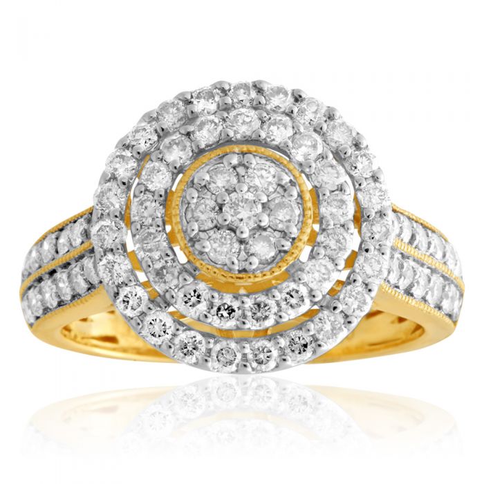 Exquisite 9ct Yellow Gold Dress Ring with 1 Carat of Brilliant Diamonds