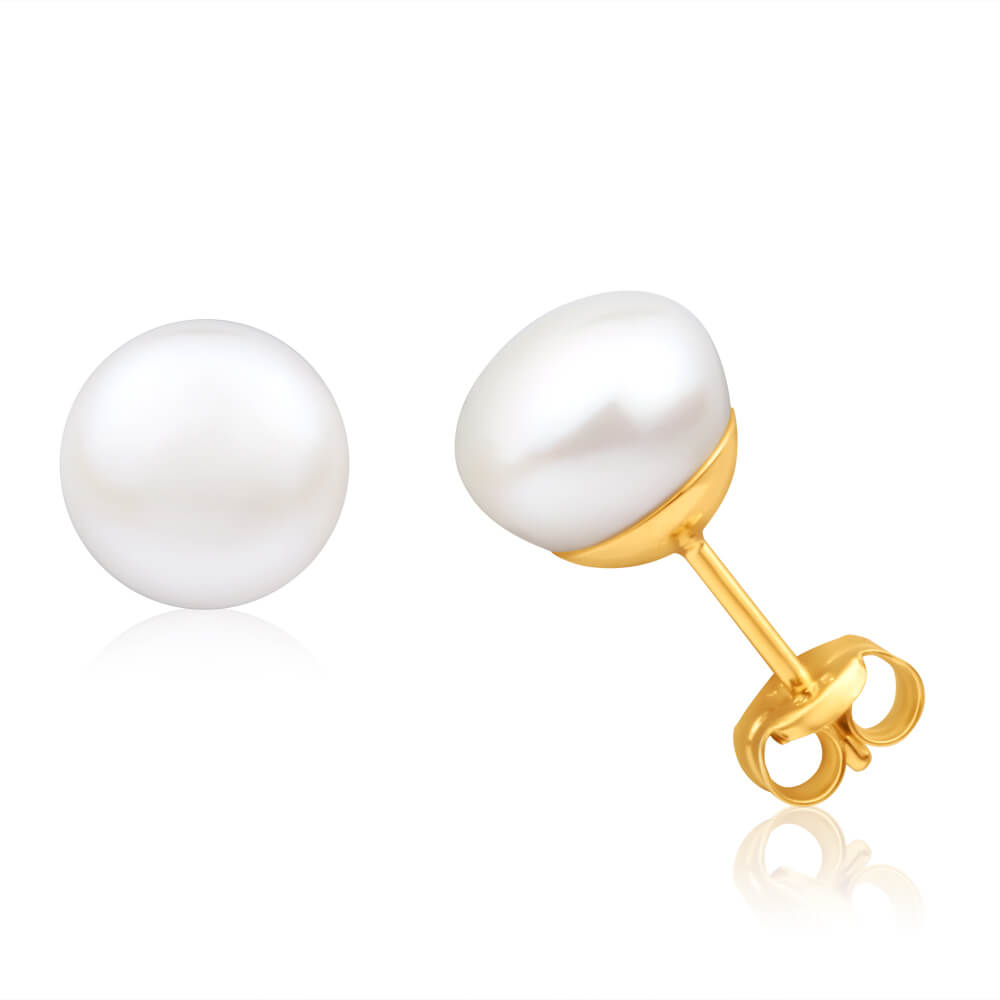 Stylish 9ct Yellow Gold 8mm White Freshwater Pearl Stud Earrings for Daily Wear